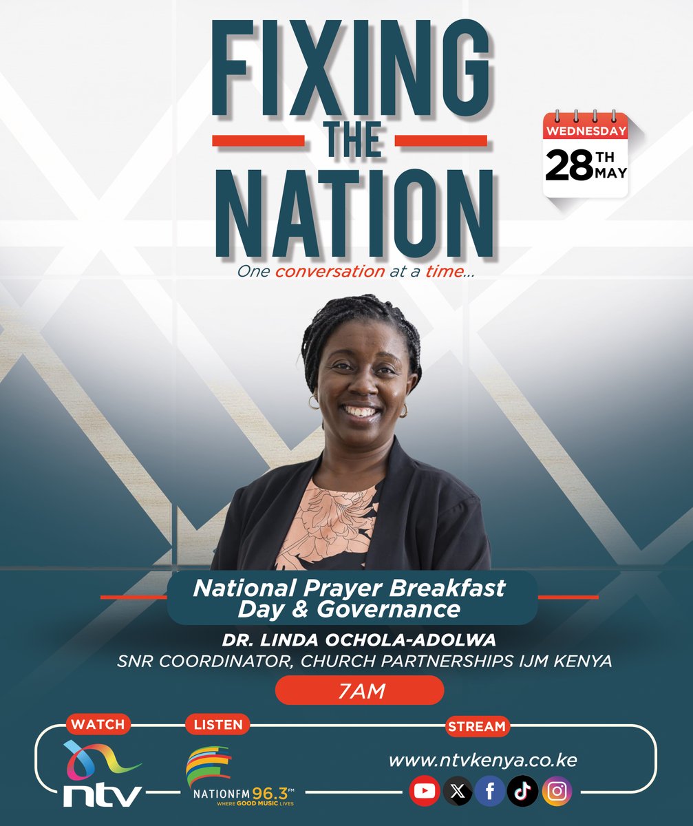 NTV Kenya (@ntvkenya) on Twitter photo National Prayer Breakfast: What should Kenya pray about today?
Join the conversation with Dr Linda Ochola-Adolwa.
#FixingTheNationNTV <a href="/NationFmKE/">Nation FM</a> <a href="/MariamBishar/">Nomadic Panda 🐼</a> <a href="/EricLatiff/">Eric Latiff</a> National Prayer Breakfast: What should Kenya pray about today?
Join the conversation with Dr Linda Ochola-Adolwa.
#FixingTheNationNTV <a href="/NationFmKE/">Nation FM</a> <a href="/MariamBishar/">Nomadic Panda 🐼</a> <a href="/EricLatiff/">Eric Latiff</a>