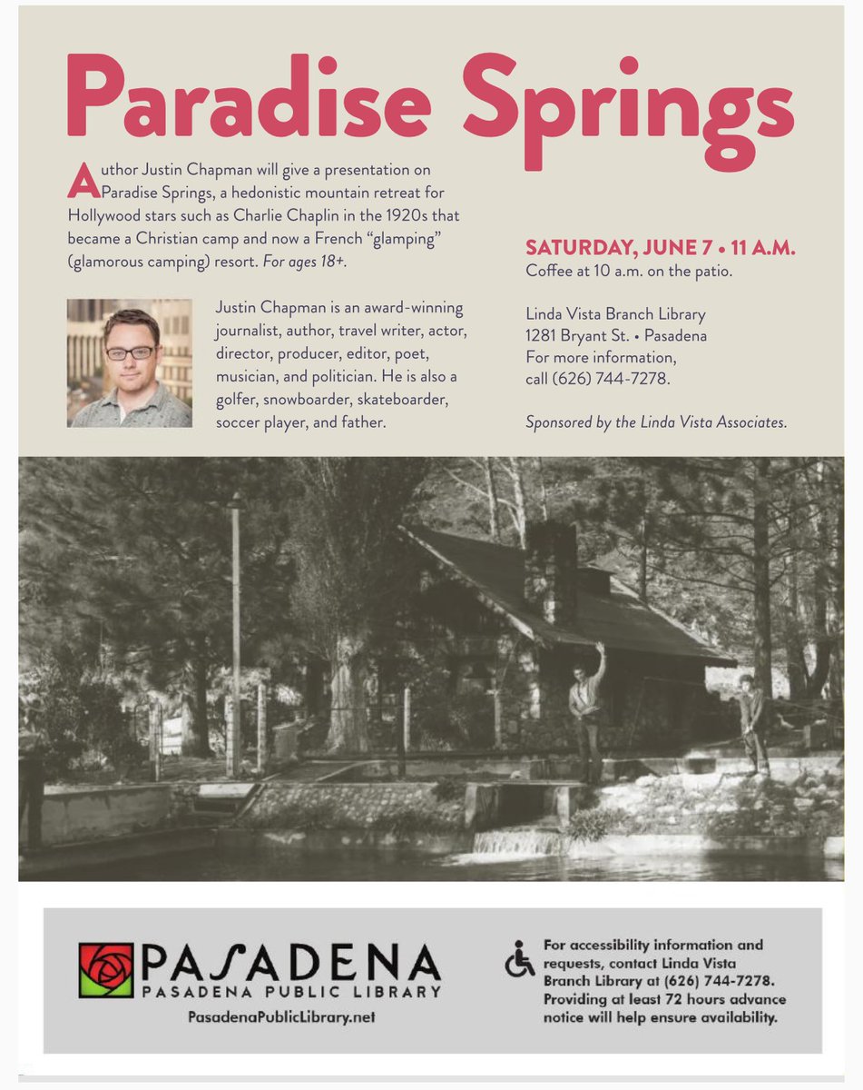 I'll be giving a presentation about my book "Paradise Springs" on Saturday 6/7 at the Linda Vista Library in Pasadena. The free event begins w/ a coffee gathering at 10am on the patio before my presentation at 11am.

Read more:
pasadenanow.com/weekendr/distr…

#ParadiseSprings #Huttopia