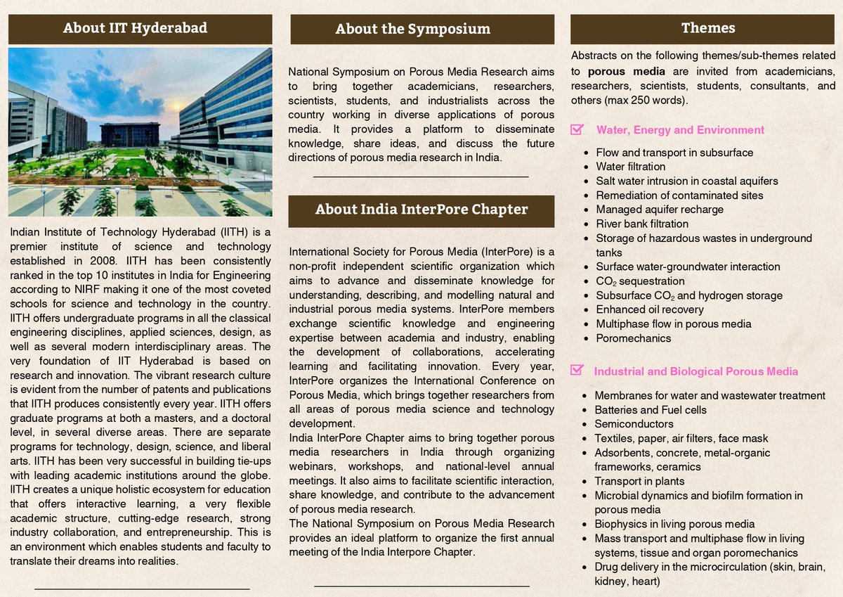 IIT Hyderabad (@iithyderabad) on Twitter photo The Department of Civil Engineering, <a href="/IITHyderabad/">IIT Hyderabad</a>, is organizing the National Symposium on Porous Media Research on 2nd August 2025.
The deadline for abstract submission is 31 May 2025
For, registration details visit: sites.google.com/view/pmrsympos… The Department of Civil Engineering, <a href="/IITHyderabad/">IIT Hyderabad</a>, is organizing the National Symposium on Porous Media Research on 2nd August 2025.
The deadline for abstract submission is 31 May 2025
For, registration details visit: sites.google.com/view/pmrsympos…