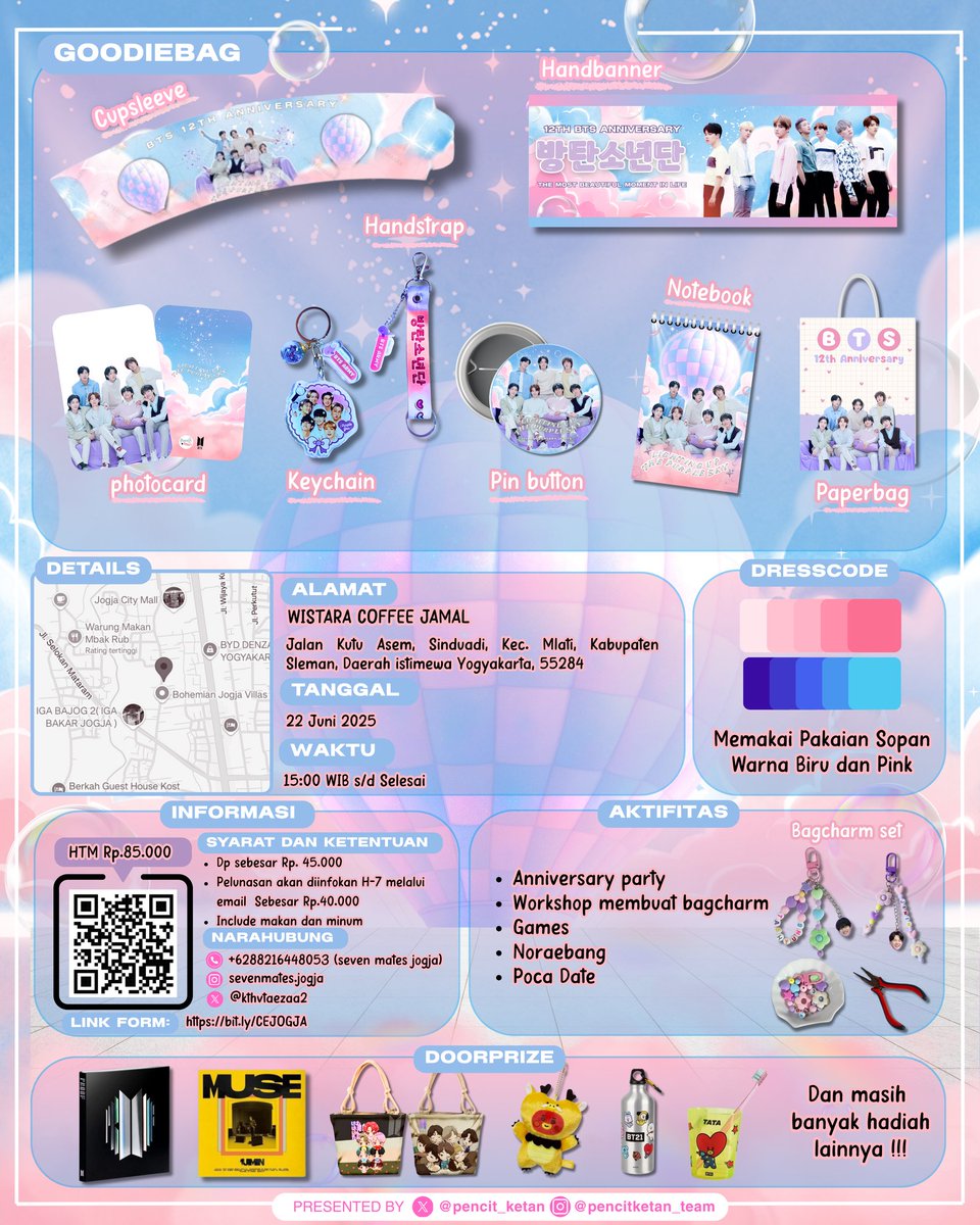 🎉 BTS 12th Anniversary 2025 🎉

[Project 1 - Part 2]
🎂Cafe Event  – JOGJAKARTA🎂

Event :
‣22 June : 15.00 WIB - Selesai
📍Wistara Coffee Jamal

ARMY, Let's Celebrate and Happy together 🎉

For more info check the poster &amp; form

RSVP :
bit.ly/CEJOGJA