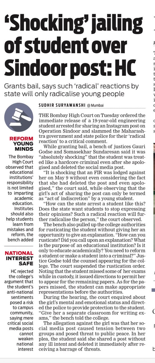 Sudhir Suryawanshi (@ss_suryawanshi) on Twitter photo Bombay High Court slams Maharashtra govt, police & college for arresting & rusticating 19 years old engineering college student for her resharing social media post on operation Sindoor. The court says it’s shocking that girl was treated like hardcore criminal. <a href="/NewIndianXpress/">The New Indian Express</a> Bombay High Court slams Maharashtra govt, police & college for arresting & rusticating 19 years old engineering college student for her resharing social media post on operation Sindoor. The court says it’s shocking that girl was treated like hardcore criminal. <a href="/NewIndianXpress/">The New Indian Express</a>