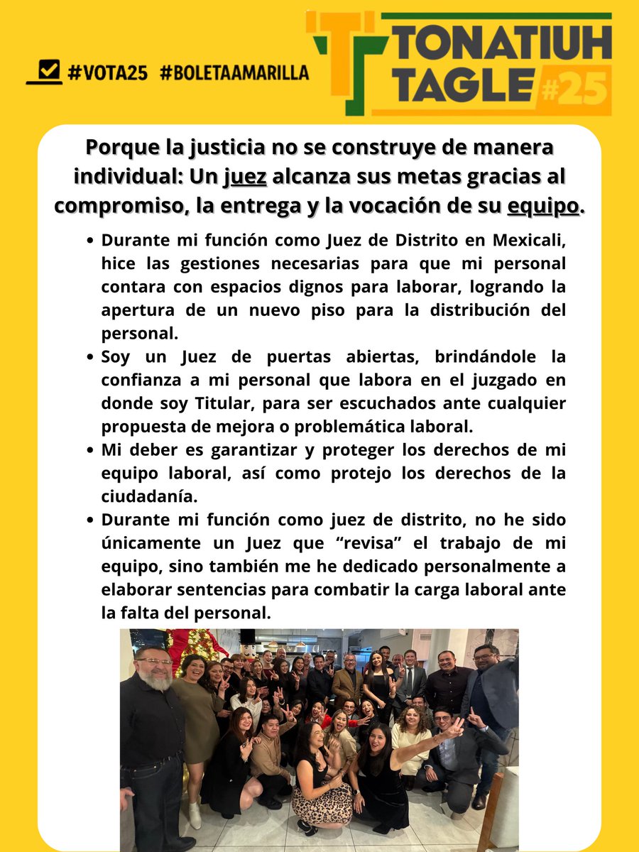 El_Lic_mx's tweet photo. Detrás de cada decisión justa, hay un equipo comprometido. Un juez no llega lejos sin el respaldo de su personal.

En la boleta amarilla de juezas y jueces de distrito,
marca el número #25. Soy Hugo Tonatiuh Tagle, candidato a Juez de Distrito. https://t.co/GvtsEfFYLb