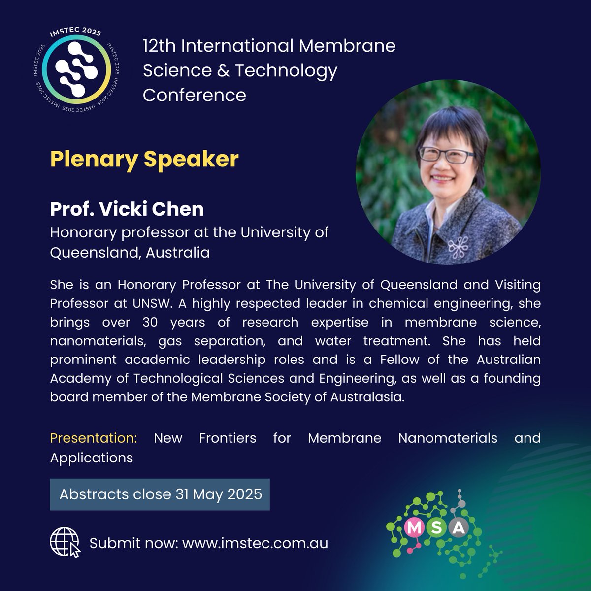 IMSTEC 2025 | Membrane Conference (@imstec2025) on Twitter photo 🎤 We're honoured to welcome Prof. Vicki Chen as a Plenary Speaker at IMSTEC 2025!
Prof. Chen will share her insights in a keynote titled:🧪 "New Frontiers for Membrane Nanomaterials and Applications"
<a href="/MemSocAus/">Membrane Society of Australasia</a> #IMSTEC2025 #MembraneScience #research 🎤 We're honoured to welcome Prof. Vicki Chen as a Plenary Speaker at IMSTEC 2025!
Prof. Chen will share her insights in a keynote titled:🧪 "New Frontiers for Membrane Nanomaterials and Applications"
<a href="/MemSocAus/">Membrane Society of Australasia</a> #IMSTEC2025 #MembraneScience #research