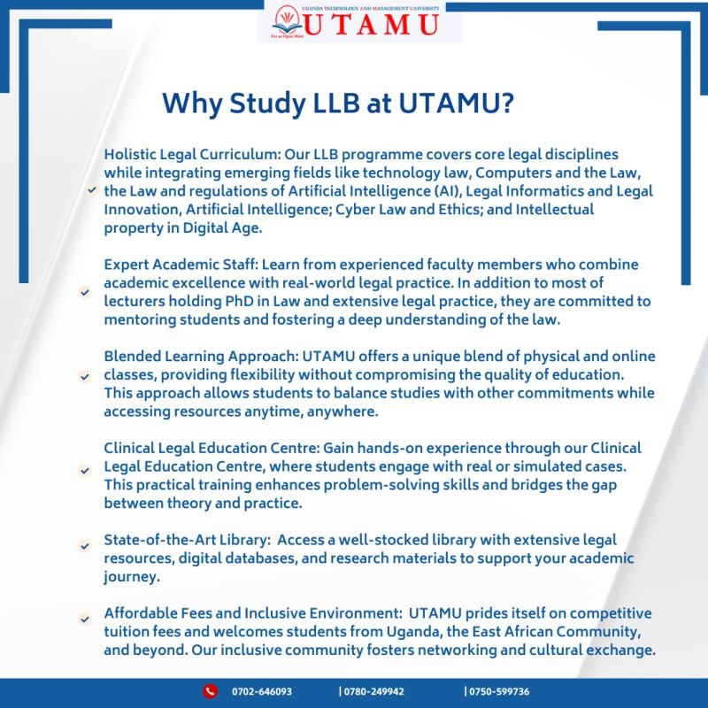 The Office of the Academic Registrar, UTAMU, invites applicants for the June 2025 intake into the Bachelor of Laws (LLB) program. Start your journey to becoming a legal professional with a fully accredited, top-tier legal education.    
🔗 Apply now: utamu.ac.ug/bachelors-degr………