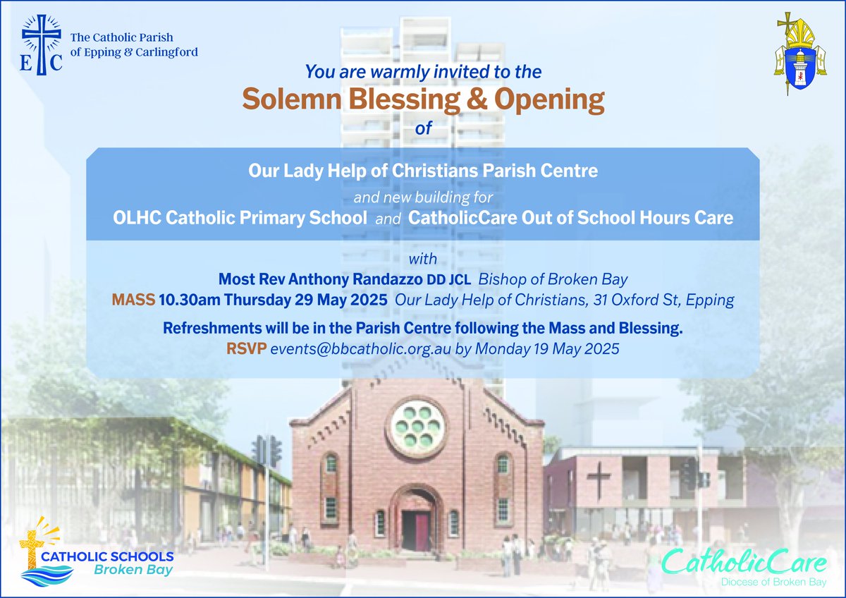 Join us tomorrow at 10:30am for the Solemn Blessing and Opening of Our Lady Help of Christians Parish Centre, the new OLHC Catholic Primary School building, and CatholicCare Out of School Hours Care.
Refreshments will follow the Mass and the blessing.
All are welcome to attend.
