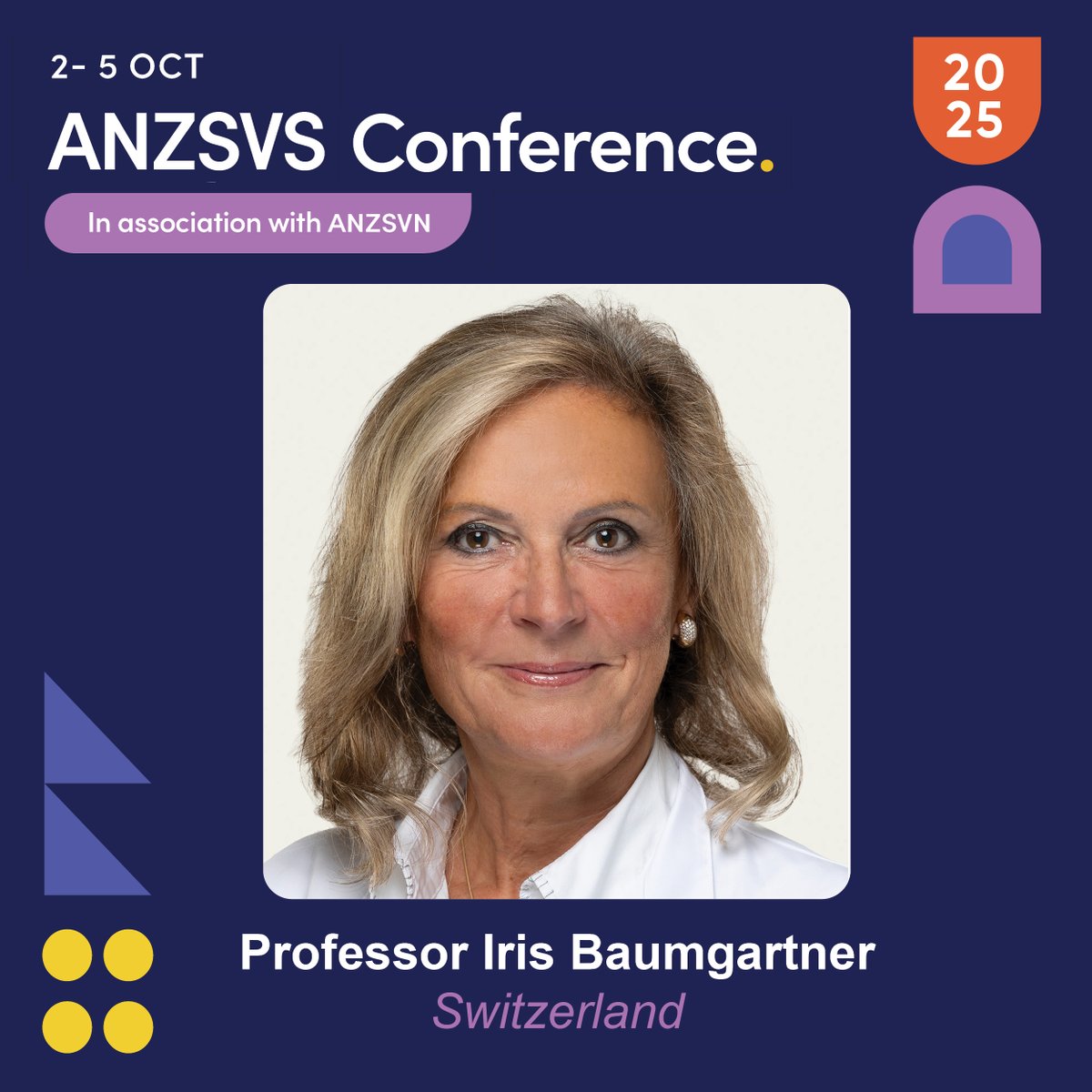 We're excited to announce Prof Iris Baumgartner as a speaker at #ANZSVS25. With expertise in Internal Medicine and Angiology and endovascular therapy, Prof Baumgartner will bring invaluable insights to the Conference. To register and more details, visit anzsvs.com