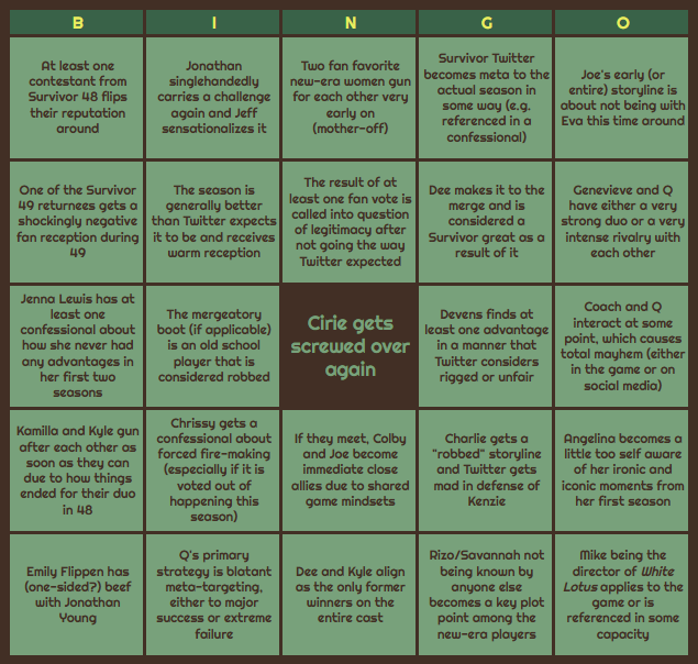 innocencestrip's tweet photo. bored so i did #Survivor50 bingo ... we'll see how this goes https://t.co/RaftFm477Q