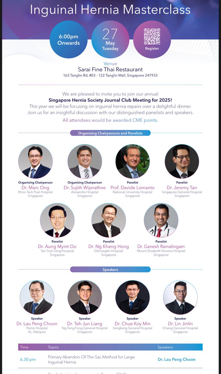 pengchoong's tweet photo. Thrilled to share highlights from last night’s Singapore Hernia Society Journal Club! Spoke on primary abandon the sac technique &amp; reconnected with old friends. Details below! #HerniaSurgery #Singapore https://t.co/sbjJTJoikD