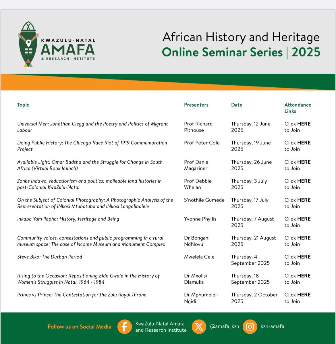 🗓️Save the dates and join us for an insightful seminars presentations as scheduled on our calendar. 
#seminar 
#FutureIsNow 
#HigherEducation 
#kznamafaseminars 
#socialcohesion 
#knowyourhistory