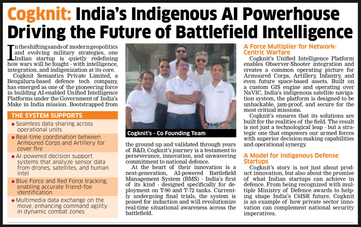 EbrahimTweets's tweet photo. 🚨 Big News!

Cogknit is featured in today’s Economic Times - Made in India - Defence Special! 🇮🇳

Honoured to be among the select few shaping the future of India’s defence with our AI-powered Unified Intelligence Platform.

@asittingbull @EconomicTimes @ShivAroor https://t.co/RKx5NPNcai