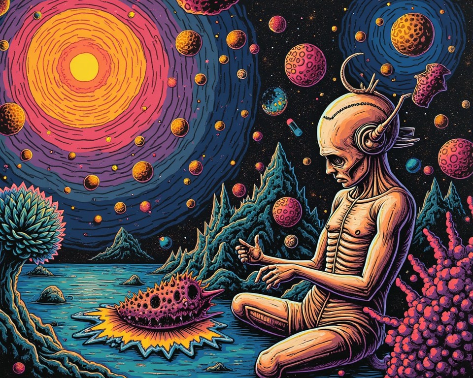 dodokusho's tweet image. A strange worldview (ZeroOne version) #8

🧠💀👁 Step into a collection where skulls bloom, eyes watch from space, and logic takes a nap. Welcome to A Strange Worldview.

#WeirdArt #VisionaryArt

I wish you all a wonderful life.

zeroone.art/artwork/a-stra…