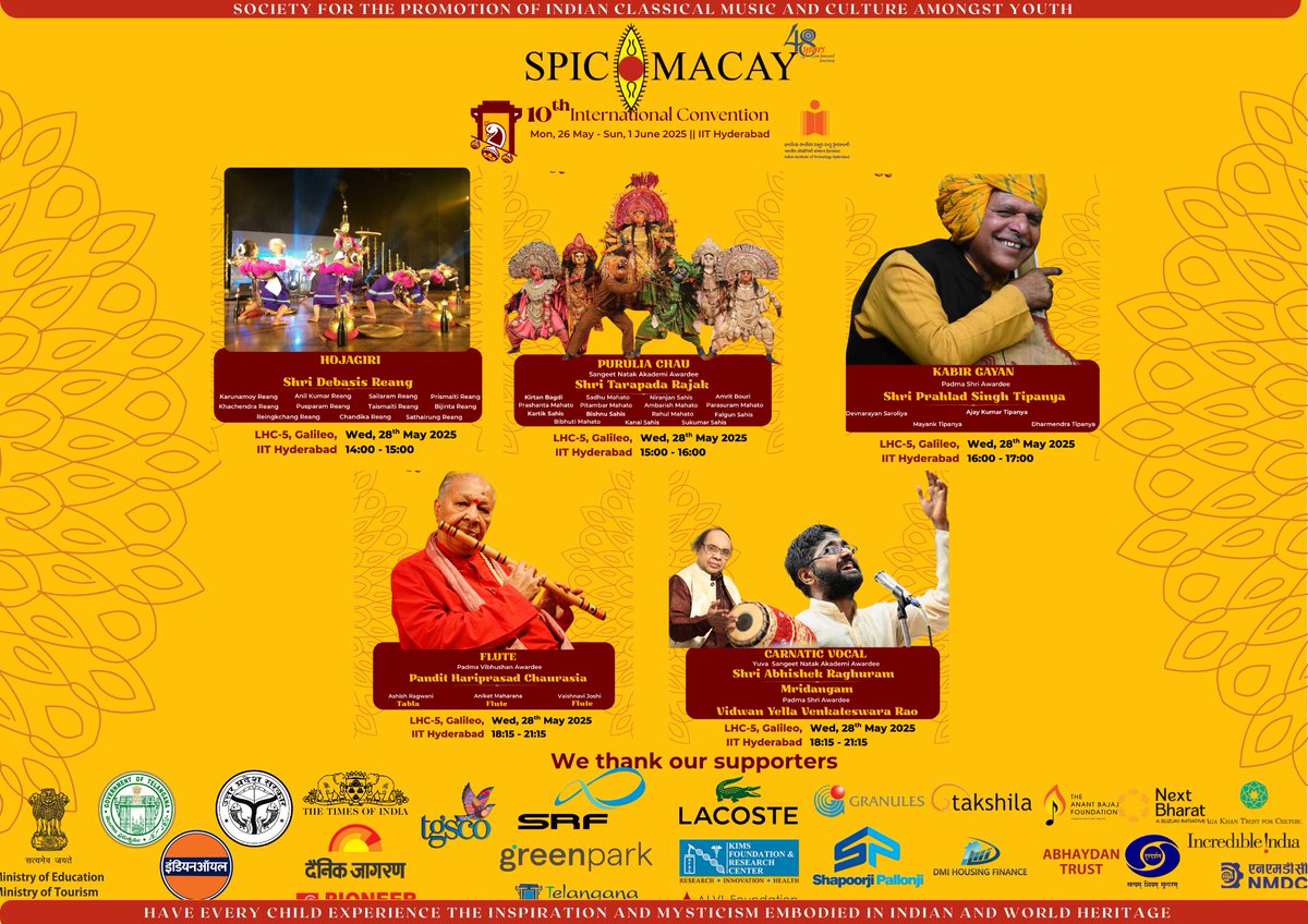 IIT Hyderabad (@iithyderabad) on Twitter photo A Day of Timeless Traditions!
SPIC MACAY's 10th International Convention at <a href="/IITHyderabad/">IIT Hyderabad</a> brings alive the spirit of Indian heritage on 28th May 2025!
Featuring:
Hojagiri – Shri Debasis Reang
Purulia Chau – Shri Tarapada Rajak
Kabir Gayan – Shri Prahlad Singh Tipanya
Flute – Pt. A Day of Timeless Traditions!
SPIC MACAY's 10th International Convention at <a href="/IITHyderabad/">IIT Hyderabad</a> brings alive the spirit of Indian heritage on 28th May 2025!
Featuring:
Hojagiri – Shri Debasis Reang
Purulia Chau – Shri Tarapada Rajak
Kabir Gayan – Shri Prahlad Singh Tipanya
Flute – Pt.