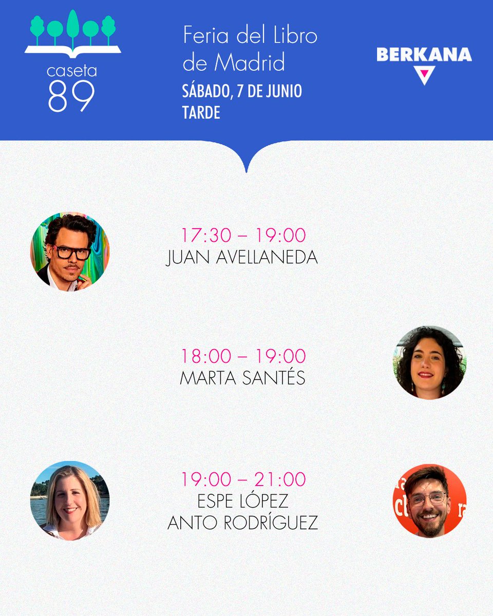 Librería Berkana (@libreberkana) on Twitter photo El sábado 7 de junio estarán firmando en la caseta de Berkana de la <a href="/FLMadrid/">Feria del Libro de Madrid</a>...
#FLMADRID25 #Berkana #NuevaYorkSeEscribeEnEspañol #NuevaYorkIluminaLaFeria El sábado 7 de junio estarán firmando en la caseta de Berkana de la <a href="/FLMadrid/">Feria del Libro de Madrid</a>...
#FLMADRID25 #Berkana #NuevaYorkSeEscribeEnEspañol #NuevaYorkIluminaLaFeria