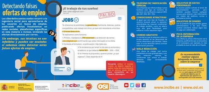 dsn's tweet image. «Cómo detectar #falsas #OfertasDeEmpleo» @INCIBE #Ciberseguridad #IngenieríaSocial #Ciberdelincuencia @osiseguridad tinyurl.com/55e8bvr2