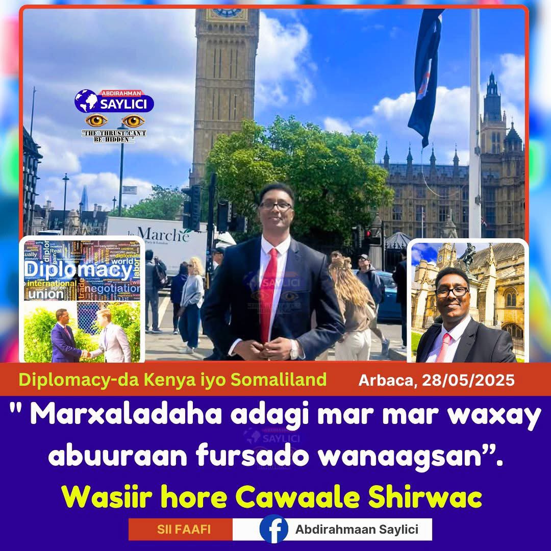 Awale11's tweet photo. #Maqaal uu qoray #Wariye Abdirahman Saylici
"Marxaladaha adagi mar mar waxay abuuraan fursado wanaagsan”
Wasiirkii hore ee qorshaynta qaranka Somaliland
Awalle Shirwac
Wasiirkii hore ee Qorsheynta Qaranka Awale Ibrahim Shirwa oo qoraal uu baraha bulshada soo dhigay ku sheegay muhiimadda xidhiidhada diblomaasiyadeed ee Somaliland, isagoo si gaar ah u dhaliilay aragtida sheegaysa in waddan kale ama madaxweyne dal kale xidhiidhka Somaliland u jarto haddii ay diblumaasiyad ahaan wax qaldamaan. Wuxuu tilmaamay in qofka sidaas qaba uu yahay mid aan fahmin siyaasadda arrimaha dibadda iyo sida ay muhiimka u tahay in xidhiidh kasta la ilaaliyo.
Awale wuxuu Somaliland ku tusaaleeyay koox kubadda cagta ah oo 34 sano ciyaaraysay iyadoo goolhayihii (waa ictiraafka'e)uu ka maqan yahay, haddana aan laga badin, weliba marar badanna gool dhalisa. Wuxuu tusaale u soo qaatay guushii madaxweynaha Somaliland ka keenay shirkii caalamiga ahaa ee Dubai, isagoo sheegay in taas ay ahayd guul diblomaasiyadeed oo muuqata.
Qoraalka Kenya kasoo baxay ayuu Awale ku tilmaamay in aanu ahayn weerar Somaliland ku socda, balse uu ahaa qoraal cid kale raali gelinayay, wuxuuna sheegay in weli xidhiidhka iyo xafiiskii hore ay jiraan. Wuxuu tilmaamay in dhacdadan laga baran karo cashar, ayna noqon karto fursad wanaagsan oo lagu furo wada-hadal dhab ah.
Ugu dambeyn, wuxuu xusay in arrimaha qaranimada aan lagu kala noqonin mucaarad iyo muxaafad, lana ilaaliyo midnimo marka ay timaado danaha dalka dibadiisa. Wuxuu ugu duceeyay madaxda Somaliland guul diblomaasiyadeed, isagoo carabka ku adkeeyay in diplomaasiyad karti iyo miisaan leh (Mature & Assertive Diplomacy) ay tahay tan guusha keeni karta.
#Siifaafi
Abdirahmaan Saylici