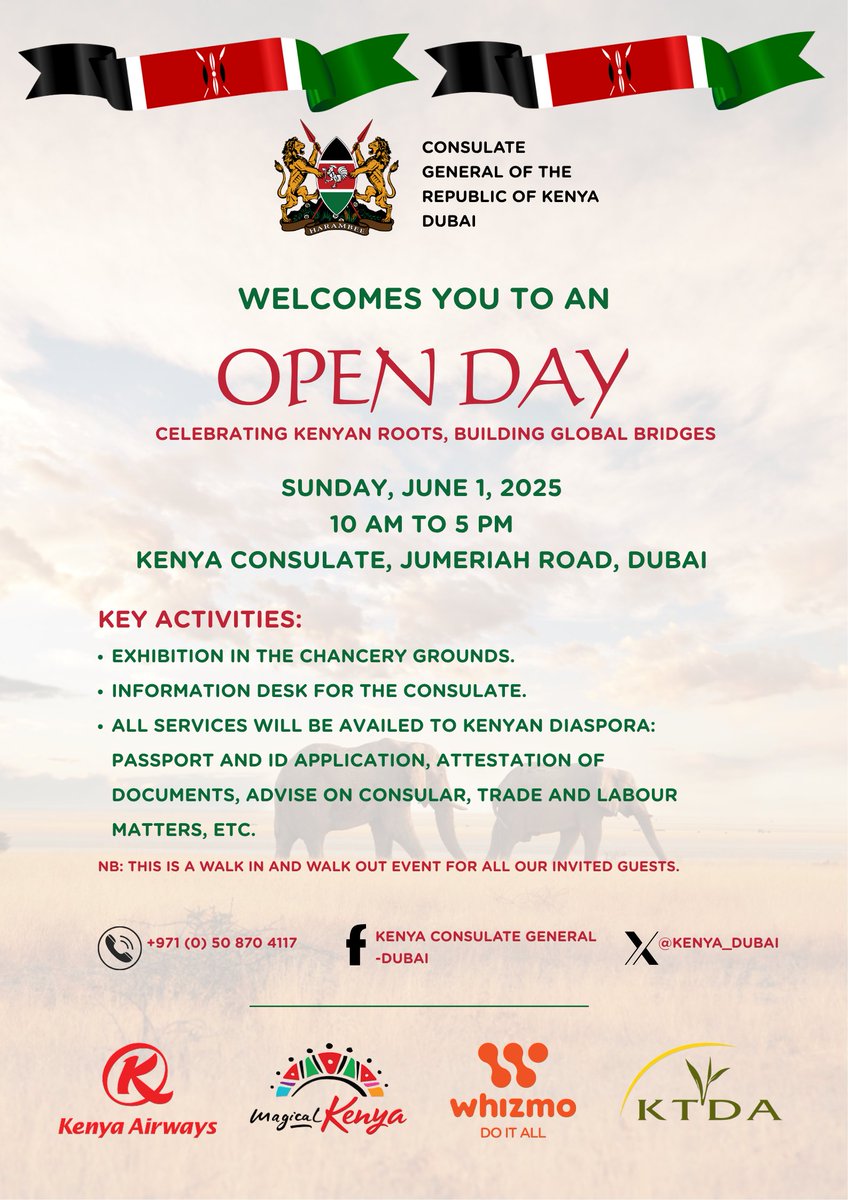 The Consulate General is pleased to invite all Kenyans in the UAE to the Open Day Scheduled for 1st June 2025 at the Chancery.