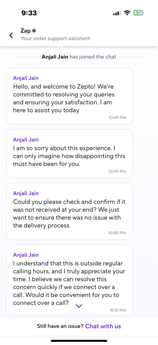 biswas_devanshu's tweet photo. Clear case of bad customer service. Ordered from @ZeptoNow last night and a item was missing (18₹/-).
Raised a complaint and had to wait 45 min to talk to a human. after that they wanted to get on a call to waste more of my time.
I don’t even care about my 18₹ anymore. https://t.co/Tzfy1RgMkK