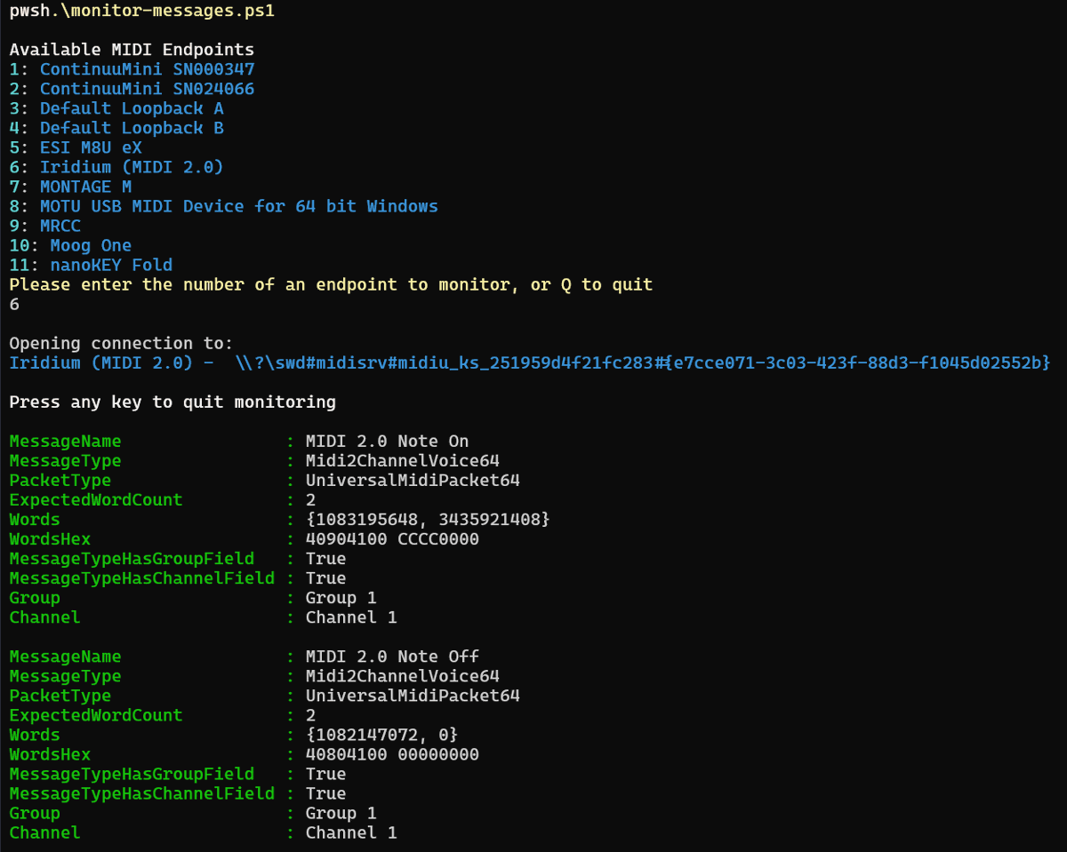 Updated the PowerShell projection for Windows MIDI Services to now support receiving messages. This was a bit of work tonight because I only grok so much of PowerShell, and event handling can be hairy.