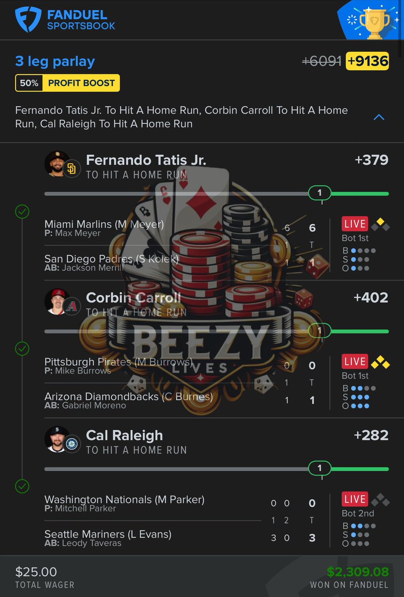 BeezyLives's tweet photo. Caught my first 3 Leg HR Parlay of the season after being off by 1 countless times and caught a FB Play in the Knicks Game which made my night along with 2 other plays a Great Night!!! Make sure to give  @BeezyLives a follow!! LFG!! 🔥🔥🔥 #nba #GamblingCommunity #GamblingX #MLB #GamblingTwitter #sports #SportsGambling #SportsBettingX #fanduel #viral #share #fyp #ParlayPlay