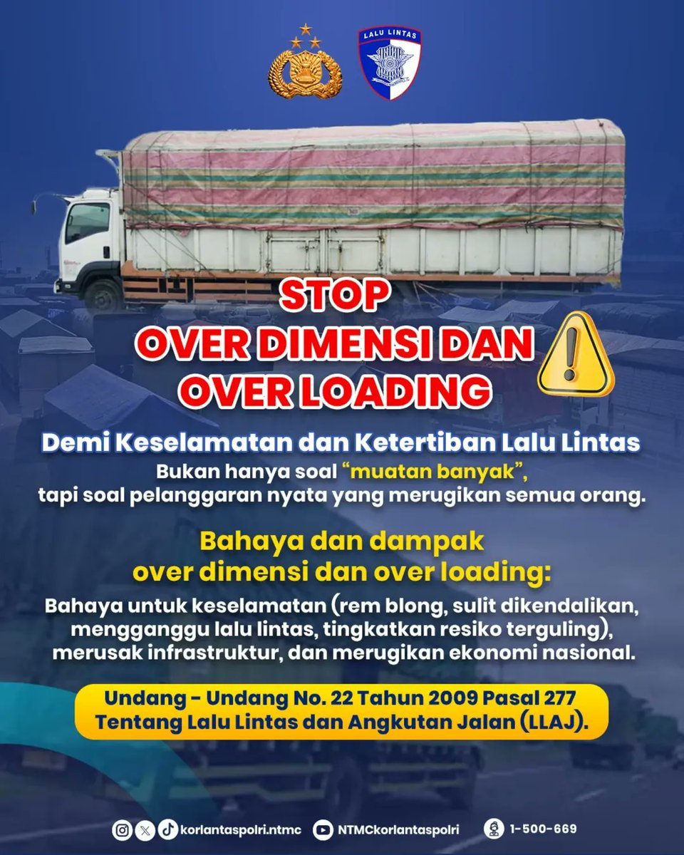 Over Dimension Over Loading bukan sekadar pelanggaran teknis.

Kendaraan Over Dimension Over Loading berisiko tinggi menyebabkan kecelakaan dan merusak jalan. Kerugian tak hanya dirasakan pengguna jalan, tapi juga negara secara ekonomi. Sesuai UU No. 22 Tahun 2009 Pasal 277,