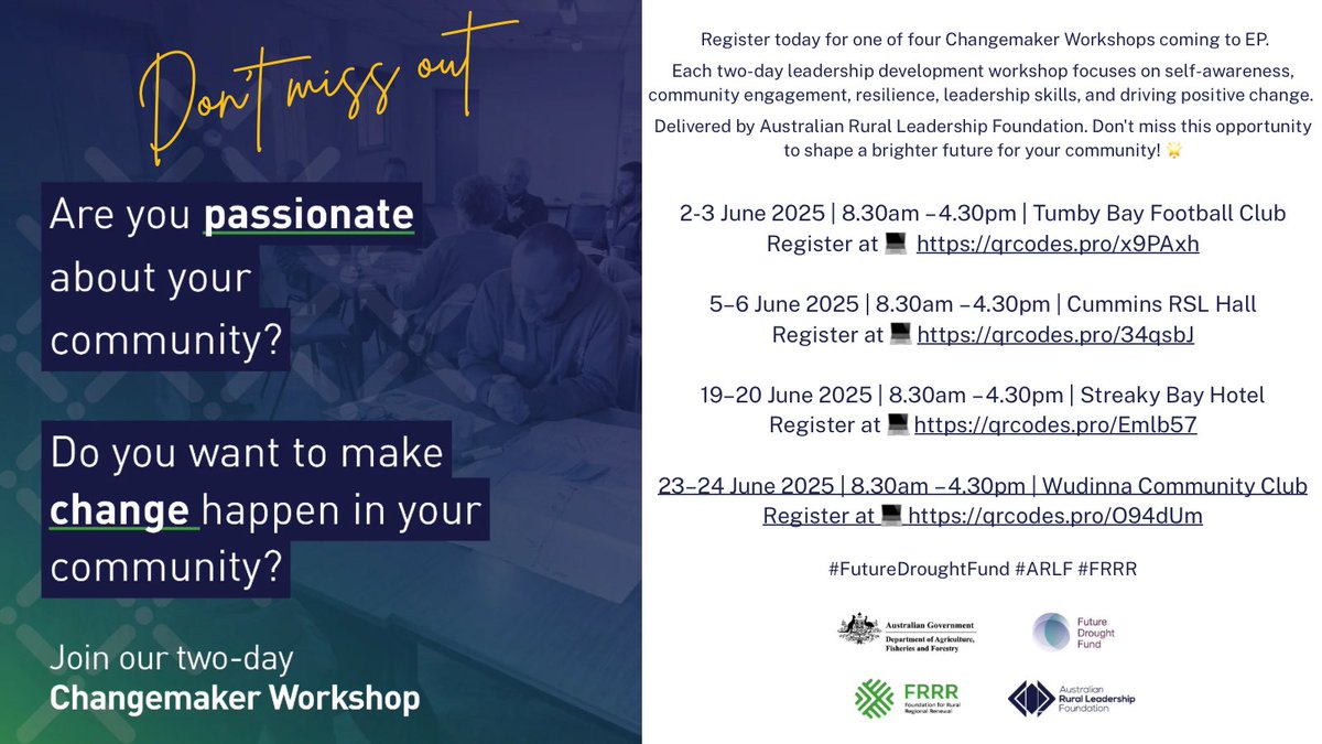 If you’re passionate about making a difference and growing your leadership skills, don’t miss this opportunity!
📅 2–3 June 📍 Tumby Bay Football Club
👉 qrcodes.pro/x9PAxh
📅 5–6 June 📍 Cummins RSL Hall
👉qrcodes.pro/34qsbJ