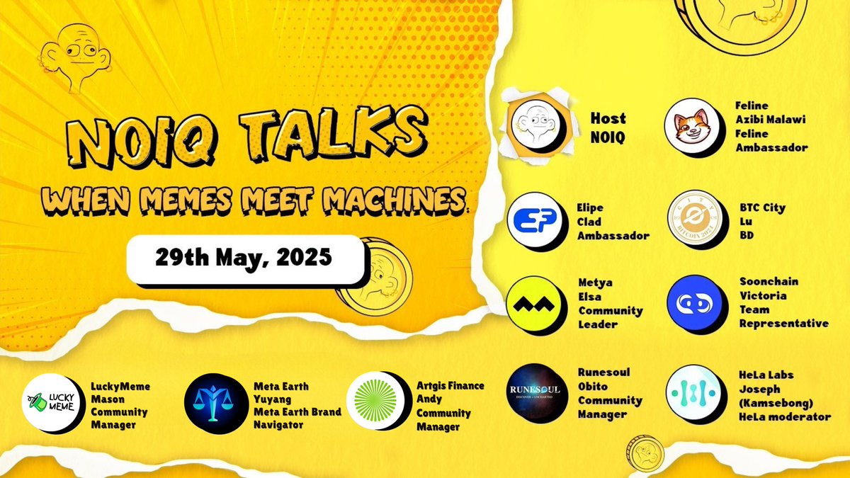 NOIQ (@noiqhub) on Twitter photo ๐ฃ๏ธ#NOIQ Talks: Episode 3
When Memes meet Machines
๐๏ธ 29th May, 12PM UTC
๐๏ธHost: <a href="/NoIQHub/">NOIQ</a>
๐ฅSpeakers: <a href="/FelineFELAI/">Feline-FEL</a> <a href="/ELIPE_AI/">ELIPE</a> <a href="/OfficialBTCity/">BTC City</a> <a href="/metyacom/">METYA</a> <a href="/soonchain_ai/">SoonChain ๐ฆ Testnet๐</a> <a href="/LuckyMeme_X/">LuckyMeme</a> <a href="/_MetaEarth_/">Meta Earth</a> <a href="/ArtgisFinance/">Artgis Finance</a> <a href="/runesoul_ARPG/">Runesoul | ARPG</a> <a href="/HeLa_Labs/">HeLa Space ๐</a>
๐ x.com/i/spaces/1YqJDโฆ
Letโs catch up!๐ ๐ฃ๏ธ#NOIQ Talks: Episode 3
When Memes meet Machines
๐๏ธ 29th May, 12PM UTC
๐๏ธHost: <a href="/NoIQHub/">NOIQ</a>
๐ฅSpeakers: <a href="/FelineFELAI/">Feline-FEL</a> <a href="/ELIPE_AI/">ELIPE</a> <a href="/OfficialBTCity/">BTC City</a> <a href="/metyacom/">METYA</a> <a href="/soonchain_ai/">SoonChain ๐ฆ Testnet๐</a> <a href="/LuckyMeme_X/">LuckyMeme</a> <a href="/_MetaEarth_/">Meta Earth</a> <a href="/ArtgisFinance/">Artgis Finance</a> <a href="/runesoul_ARPG/">Runesoul | ARPG</a> <a href="/HeLa_Labs/">HeLa Space ๐</a>
๐ x.com/i/spaces/1YqJDโฆ
Letโs catch up!๐