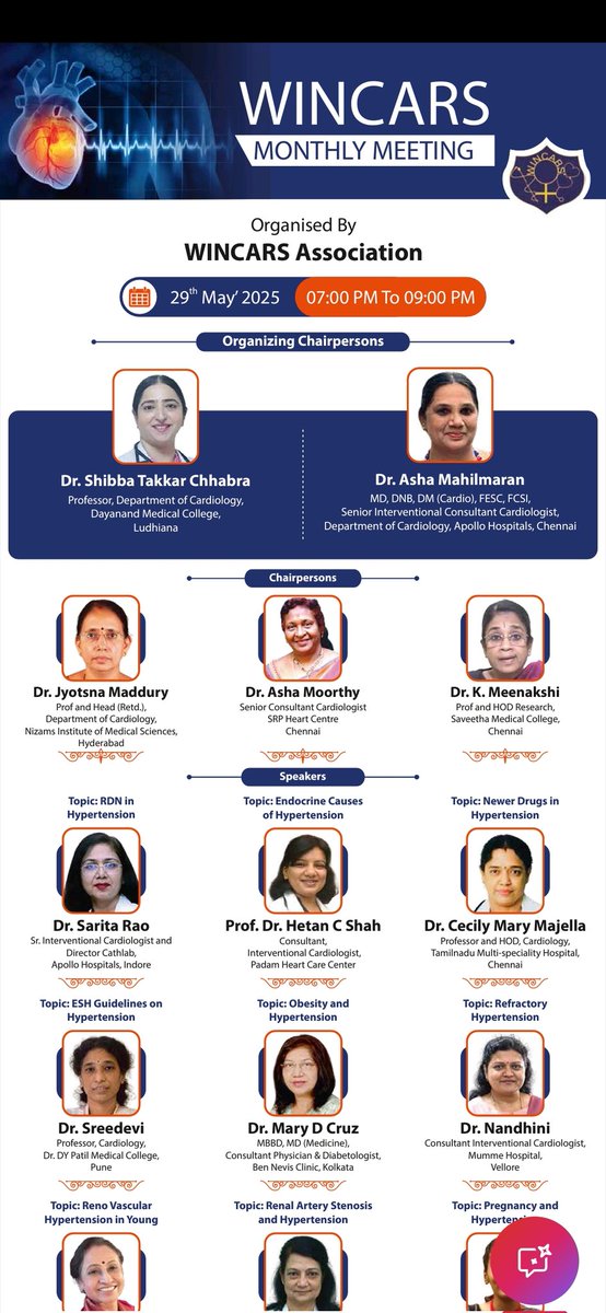 Dr Sarita Rao (@drsaritarao2) on Twitter photo Looking foward to our ##WINCARS monthly meeting on Hypertension and to Speak about #Renaldnervationtherapy tomorrow.
<a href="/PCRonline/">PCRonline 🫀</a> <a href="/apollohospita15/">Apollo Hospital Indore</a> <a href="/IJCDW_WINCARS/">Women in Cardiology and Related Sciences</a> <a href="/WomenAs1/">Women As One</a> <a href="/SCAI/">SCAI</a> <a href="/APSIC6/">@APSIC</a> <a href="/mmamas1973/">Mamas A. Mamas</a> <a href="/TCTMD/">TCTMD</a> <a href="/EAPCIPresident/">EAPCIPresident</a> <a href="/drsonyaburgess/">A/Prof Sonya Burgess</a> <a href="/ISHBP/">International Society of Hypertension</a> Looking foward to our ##WINCARS monthly meeting on Hypertension and to Speak about #Renaldnervationtherapy tomorrow.
<a href="/PCRonline/">PCRonline 🫀</a> <a href="/apollohospita15/">Apollo Hospital Indore</a> <a href="/IJCDW_WINCARS/">Women in Cardiology and Related Sciences</a> <a href="/WomenAs1/">Women As One</a> <a href="/SCAI/">SCAI</a> <a href="/APSIC6/">@APSIC</a> <a href="/mmamas1973/">Mamas A. Mamas</a> <a href="/TCTMD/">TCTMD</a> <a href="/EAPCIPresident/">EAPCIPresident</a> <a href="/drsonyaburgess/">A/Prof Sonya Burgess</a> <a href="/ISHBP/">International Society of Hypertension</a>