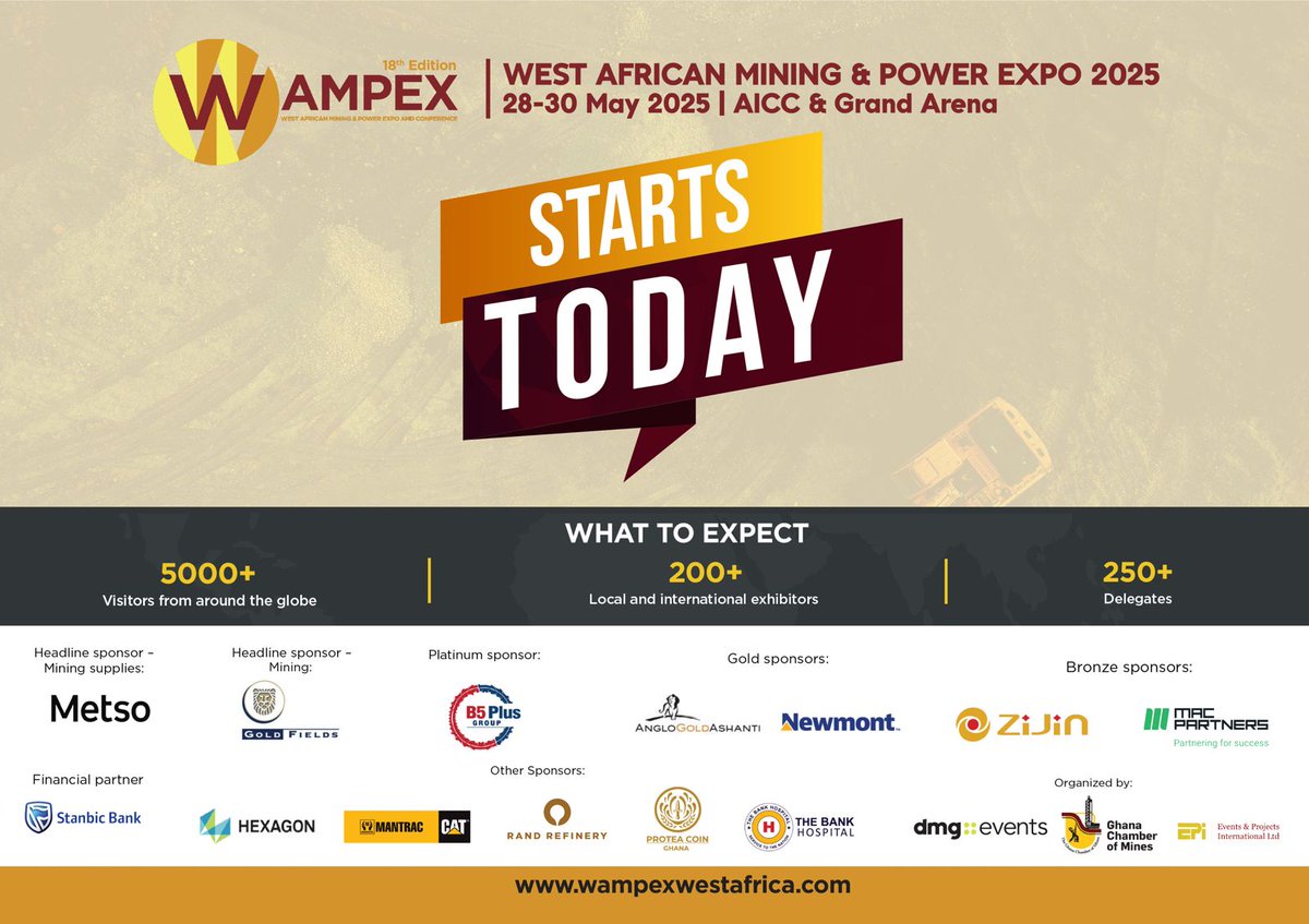 Wampex25's tweet photo. #WAMPEX2025 officially kicks off today at the Grand Arena and Accra International Conference Centre, bringing together the brightest minds and leading companies in West Africa’s mining and power sectors!

Check out the Event at a Glance here: https://t.co/15iNIkS4X3 https://t.co/BzfVL4Xyad