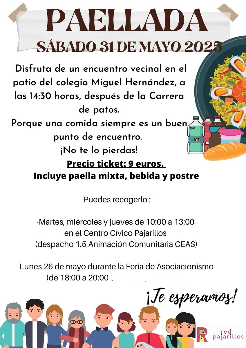 No te olvides, después de la Carrera de patitos una rica paella vecinal. Coge tú ticket cuanto antes!!