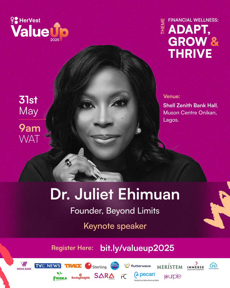 Hervestng's tweet photo. Thrilled to announce Dr. Juliet Ehimuan @jehimuan, ex-Google West Africa Director & Founder, Beyond Limit as the Keynote Speaker for #ValueUp2025!
Join us May 31, 9 AM WAT at Muson Centre, Lagos, for thought-provoking sessions.
Register now: https://t.co/DIKtF22ccl
#ValueUp https://t.co/iQENFCONnE