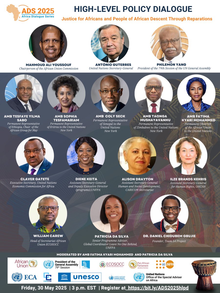 UNOSAA1's tweet photo. 2⃣ to go!

Interact with policymakers and contribute to the High-Level Policy Dialogue of #ADS2025 on "#Justice for Africans and people of #African Descent Through #Reparations."  

🗓️30 May | 🕒 3 - 6 pm |📍In-person and online | 
📝Register https://t.co/FgzaPTUn0D https://t.co/F3IEXGNN8f