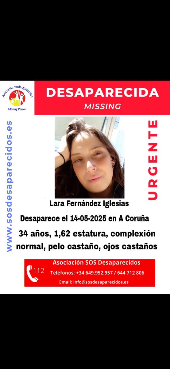 SOS desaparecidos está buscando a Lara Fernández Iglesias, desaparecida el pasado 14 de mayo. Tiene 34 años y mide 1,64 meteos. Toda información es de ayuda al 649.952.957 #VDAC