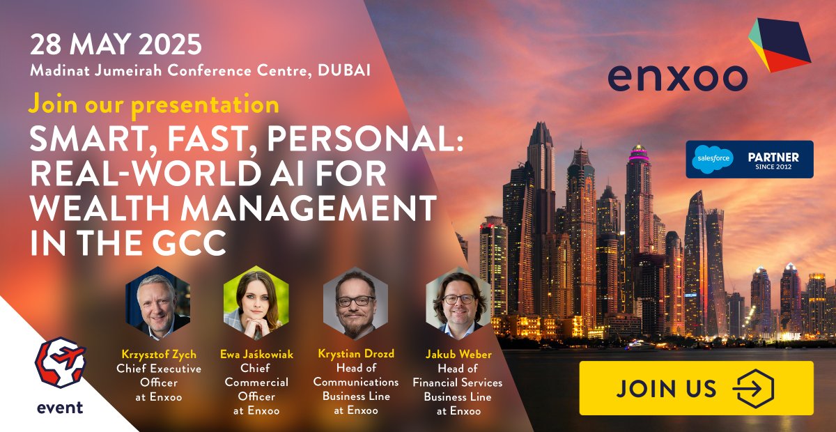 📊 In wealth management, it’s not time with clients that drains energy — it’s time with data.
Join Jakub Weber at Agentforce WT Dubai to explore how to give advisors back their time.
🔗 tiny.pl/byj8rmp6

#Enxoo #Salesforce #wealthmanagement