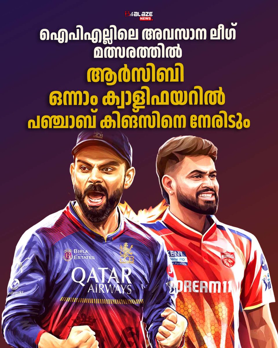 B4blazeX's tweet photo. ഐപിഎല്ലിലെ അവസാന ലീഗ് മത്സരത്തില് ലഖ്നൗ സൂപ്പർ ജയന്റ്സിനെതിരെ റോയല് ചലഞ്ചേഴ്സ് ബെംഗളൂരു ഒന്നാം ക്വാളിഫയറിൽ പഞ്ചാബ് കിങ്സിനെ നേരിടും. വ്യാഴാഴ്ച ന്യൂ ചണ്ഡീഗഡില് ആണ് ക്വാളിഫയര് മത്സരത്തിന് തയ്യാറെടുക്കാന് ആര്സിബിക്ക് ഒരു ദിവസം മാത്രമേയുള്ളൂ. #firstqualifier #PunjabKings #rcb #IPL2025