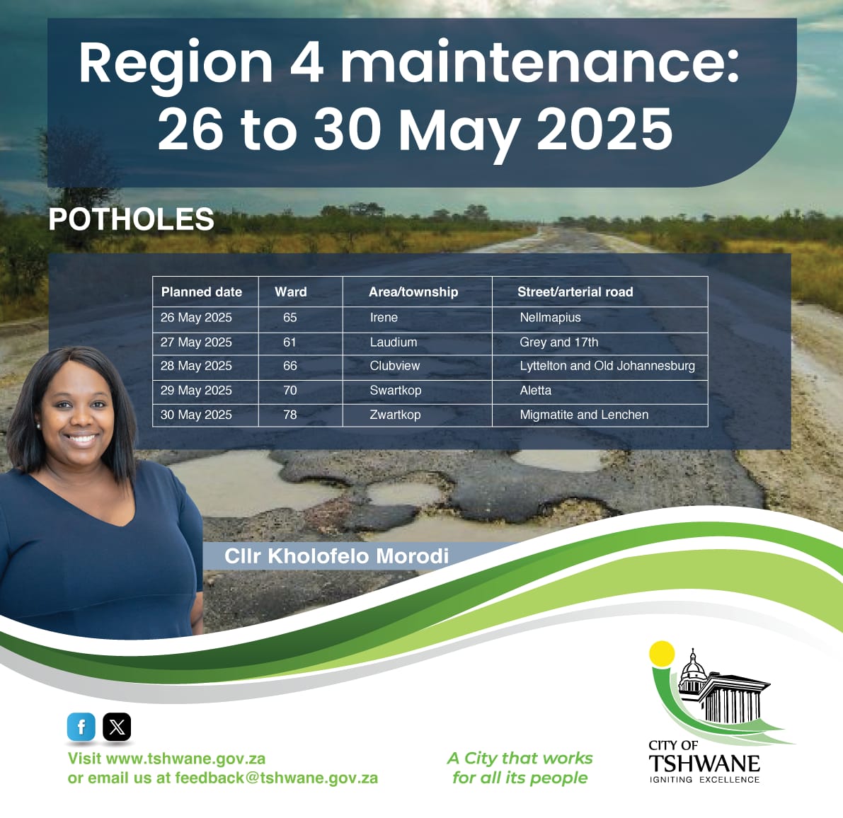 Hey residents of Region 4,

As your Political Head, I’m making sure service delivery goes beyond talk.

🕳️ This week, we’re fixing potholes in key areas to make your roads safer and smoother.

Check the e-card for the full pothole repair schedule — accountability starts with