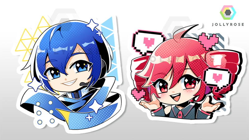 New stickers for Dokomi! Designs also available as buttons!
Kaito &amp; Teto ✨