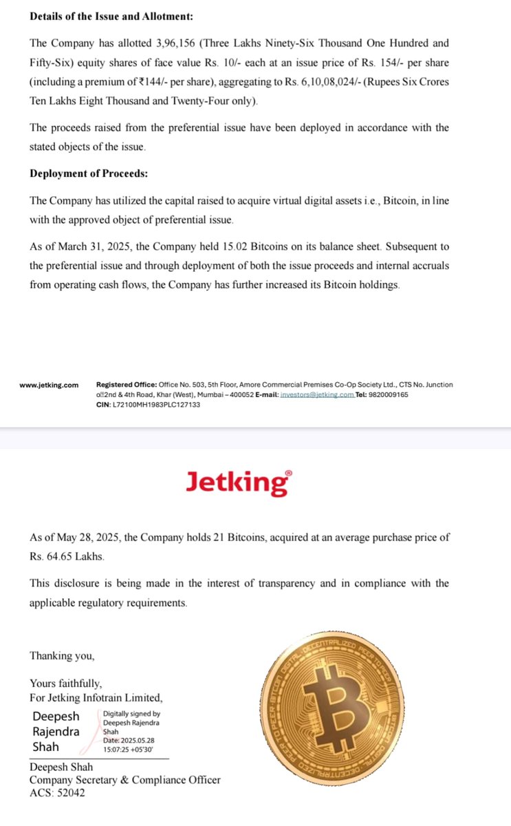 KalpeshGothi10's tweet photo. @JetkingLtd has raised funds to acquire Bitcoin. 🤑🪙

#Bitcoin #virtualdigitalassets #EquityvsGoldvsBitcoin #nseindia #bseindia #sharemarket #share https://t.co/KnPM7BZVO6