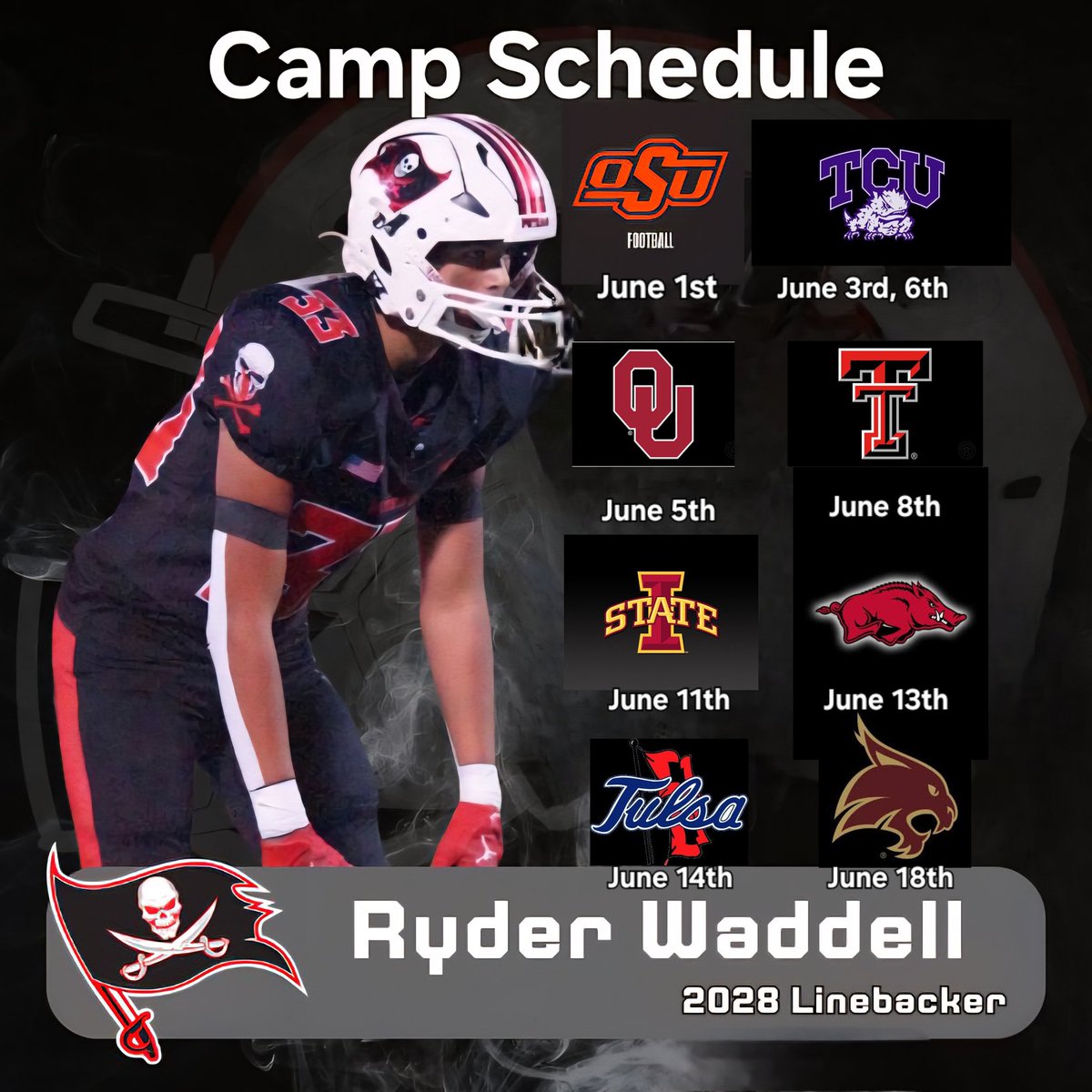 Ryder Waddell (@waddellryder) on Twitter photo Upcoming camp schedule:
Luke 12:48
I'm ready to work, compete, and showcase my talent. I am grateful for the opportunities and appreciate all of the invites. See you soon! <a href="/CoachJakeHayes/">Coach Jake Hayes</a>
<a href="/CoachMasonMyers/">Mason Myers</a>
<a href="/PoteauFB/">Poteau Pirates Football</a>
<a href="/classof28poteau/">Poteau Class of 2028</a>
<a href="/C4SportOklahoma/">C4 SportsPerformance</a>
<a href="/seancooper_C4/">Sean Cooper</a>
<a href="/PrepRedzoneOK/">Prep Redzone Oklahoma</a> Upcoming camp schedule:
Luke 12:48
I'm ready to work, compete, and showcase my talent. I am grateful for the opportunities and appreciate all of the invites. See you soon! <a href="/CoachJakeHayes/">Coach Jake Hayes</a>
<a href="/CoachMasonMyers/">Mason Myers</a>
<a href="/PoteauFB/">Poteau Pirates Football</a>
<a href="/classof28poteau/">Poteau Class of 2028</a>
<a href="/C4SportOklahoma/">C4 SportsPerformance</a>
<a href="/seancooper_C4/">Sean Cooper</a>
<a href="/PrepRedzoneOK/">Prep Redzone Oklahoma</a>