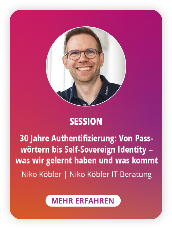 🔐 30 Jahre Auth – von Passwörtern bis SSI!
🚨 Alles schon gesehen? Denkst Du!
Niko Köbler zeigt beim #entwicklerSummit, was sich wirklich verändert hat: Passkeys, VC &amp; mehr.
⚡ Für alle, die Security ernst nehmen.
🎟 Jetzt Ticket sichern, bevor andere deine Identität übernehmen!
