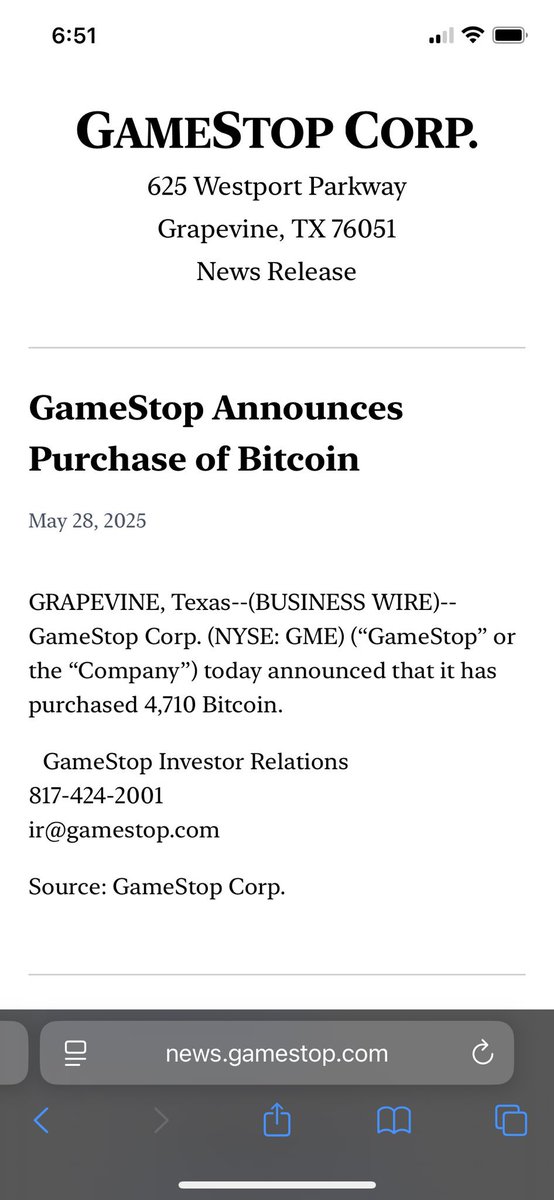 xMarketNews's tweet image. BREAKING NEWS🚨 GameStop Announces the Official Purchase of 4,710 Bitcoin $GME