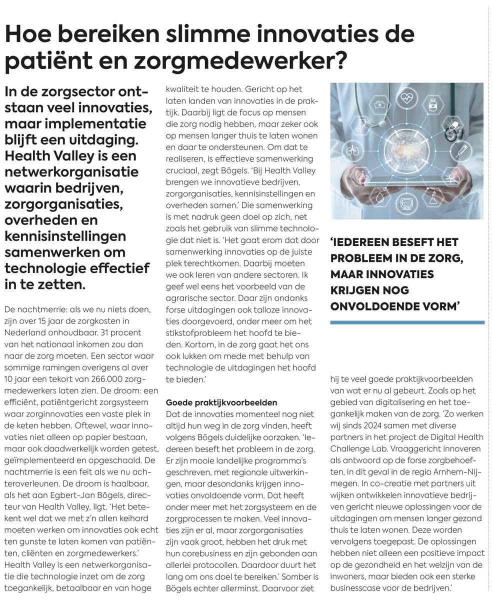 In de speciale e-campagne Innovatief Nederland in Dagblad Trouw: een artikel over hoe we bij Health Valley Netherlands samen met innovatieve bedrijven, zorgorganisaties, kennisinstellingen en overheden technologie effectief inzetten in de zorg. topicnederland.nl/gezondheid/hoe…