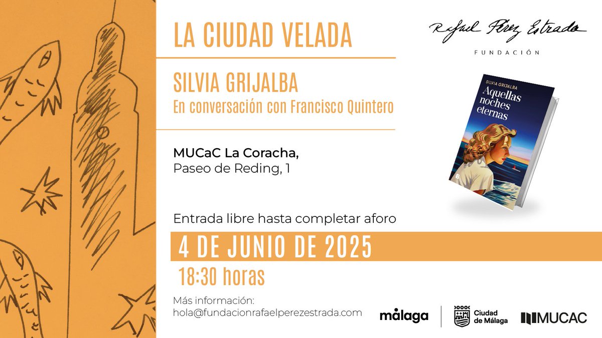 📣Este miércoles 4 de junio recibimos en 'La Ciudad Velada' a Silvia Grijalba.

📚Conversará con Francisco Quintero a tenor de su novela 'Aquellas noches eternas', inspirada en los años 60 en la Costa del Sol.

Entrada libre. ¡Te esperamos!