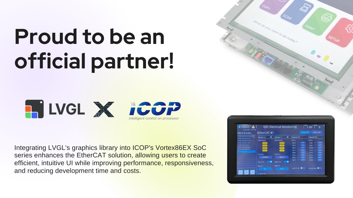 🔧 #ICOP partners with #LVGL to enhance UI development in the #QEC EtherCAT series!
Supports LVGL v7.11 &amp; v9.1 on Vortex86EX SoCs.
#86HMI visual editor enables drag-and-drop #UI design without rewriting raw LVGL code.
Ideal for industrial HMI &amp; embedded touch devices.