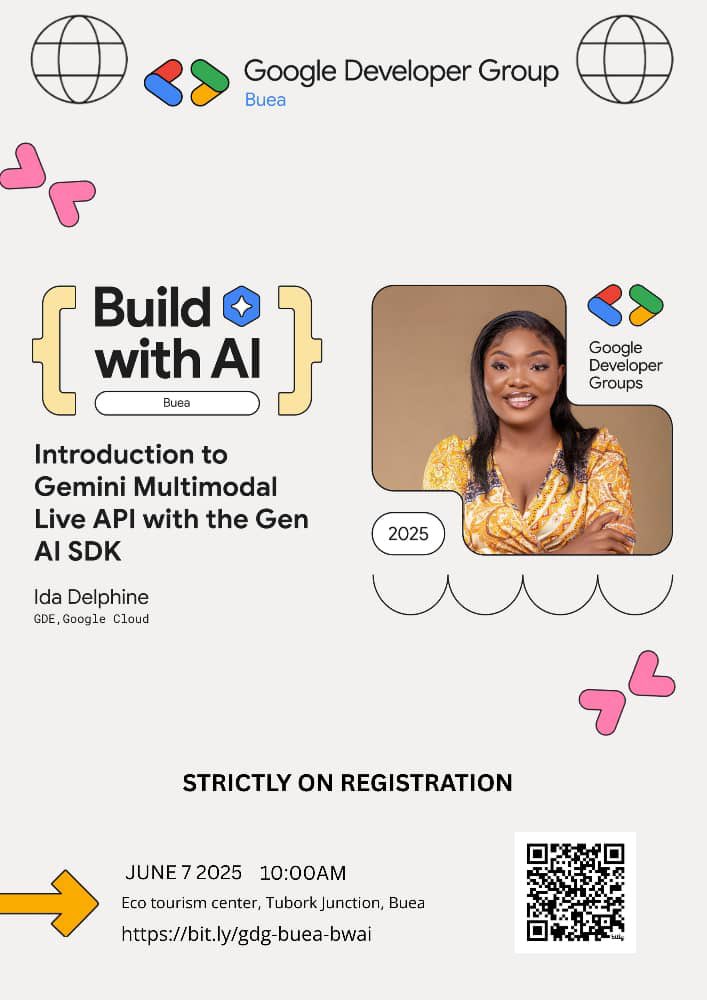 🎙️Speaker Spotlight 📌
Ida Delphine (Google Cloud GDE) will be at #BuildWithAIBuea.

Learn how to build smart apps with:
•Gemini Multimodal API
•Firebase Genkit
•Gen AI SDK

📍 Buea | June 7
🔗 bit.ly/gdg-buea-bwai
Strictly on registration. Bring your laptop.
