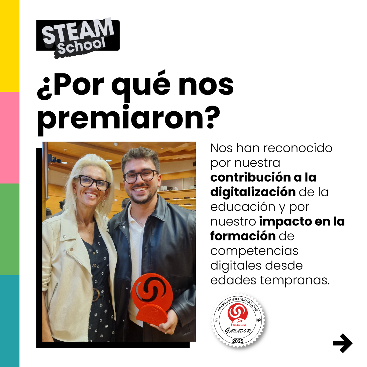 ¿Por qué Steam School fue reconocida en los #PremiosdeInternet ?

Porque es una solución educativa que lleva las competencias digitales al aula de forma sencilla, estructurada y motivadora.

¿Qué hace tan especial a #SteamSchool?

 Te lo contamos aquí abajo ⬇️⬇️⬇️