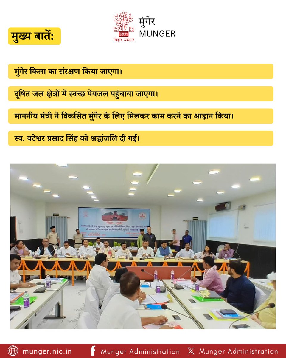 MungerDm's tweet image. मुंगेर में जिला कार्यक्रम क्रियान्वयन समिति की समीक्षा बैठक में माननीय मंत्री श्री कृष्ण कुमार मंटू ने विकास योजनाओं पर ज़ोर दिया। गरीबों को आवास, शिक्षा, जनसुविधाएं, स्वच्छ जल, मुंगेर किला का संरक्षण प्राथमिकता। 
#munger #Bihar #developing #people