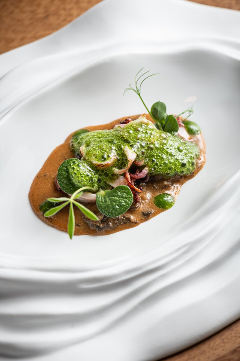 🇬🇧 Sea, land, and garden. Ibicenco squid cooked in the kamado, served with a stew of local snails, spicy sauce, and chlorophyll.
A dish that evokes the freshness of the island’s countryside — a true explosion for the senses.

Reservas: unicrestaurantibiza.com