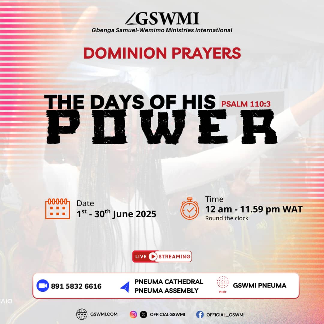 GbengaWemimo's tweet photo. Hello everyone,

You are invited to *DOMINION PRAYERS!!!*
*Theme: The Days of His Power (Psalm 110:3)*

*When: All Days In June*

*Time: 12:00AM – 11:59PM(WAT) Daily*

To join, 
click on the link below: https://t.co/CvhjQSsEmr

Webinar ID: 891 5832 6616

To join Livestream

Telegram:
https://t.co/LQCJwJFuVT
https://t.co/jOwittROo5

Mixlr: https://t.co/AWkxmCejUS

*N/B: Dominion Prayers With GSW Holds 6PM Daily.*
