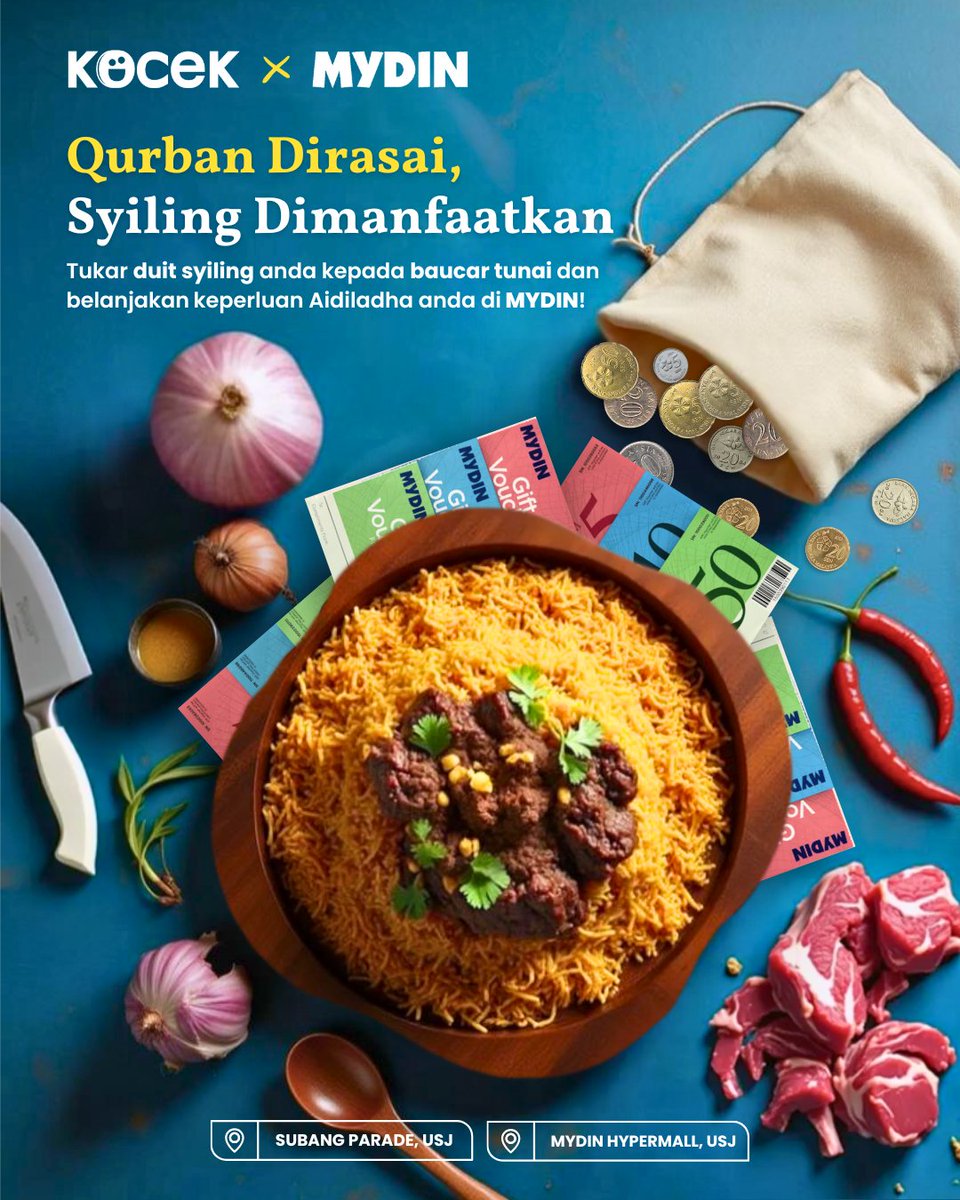 Qurban Dirasai, Syiling Dimanfaatkan 🕌🍛

Tukar syiling anda kepada baucar MYDIN &amp; beli keperluan qurban — termasuk pisau &amp; bahan masakan!

#KOCEKxMYDIN #Aidiladha2025 #SyilingKeBaucar