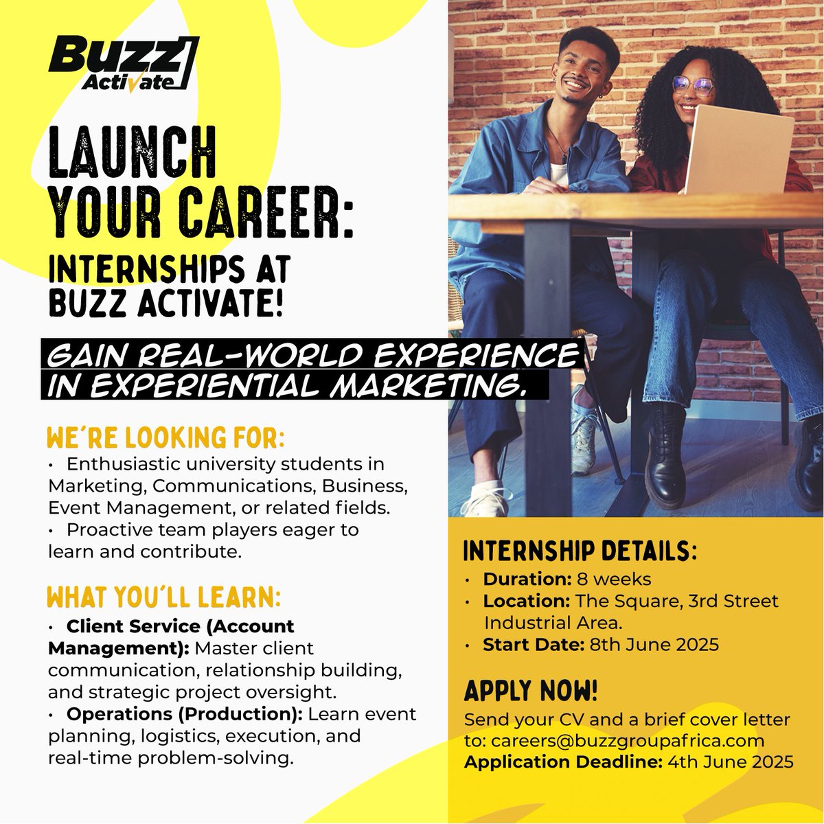 INTERNSHIP ALERT 🚨

Uni student? Creative? 
Are you curious about marketing?
✅ Learn how to manage clients
✅ Plan + run actual events
✅ Make cool stuff with cool people.

📩 Details are attached
Bring your energy — we’ll bring the experience.

#Internship
#BuzzActivateUG